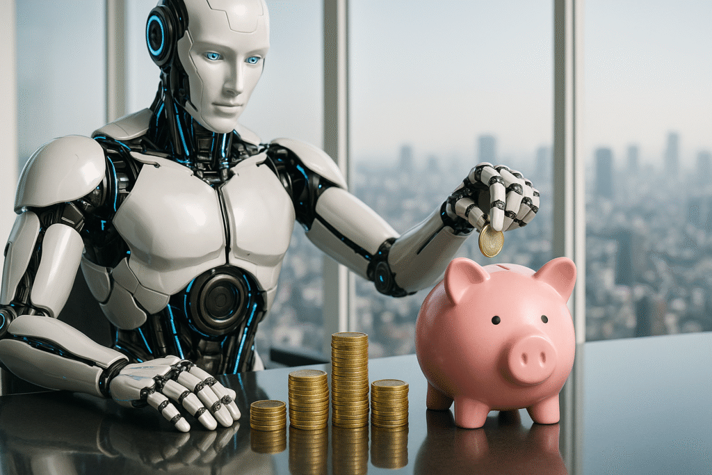 A futuristic humanoid robot with white and chrome armor is placing a gold coin into a pink piggy bank on a sleek glass table. Stacks of coins are neatly arranged beside the piggy bank. Behind the robot, large floor-to-ceiling windows reveal a blurred city skyline under daylight, creating a high-tech financial setting. micro-habits to save money.