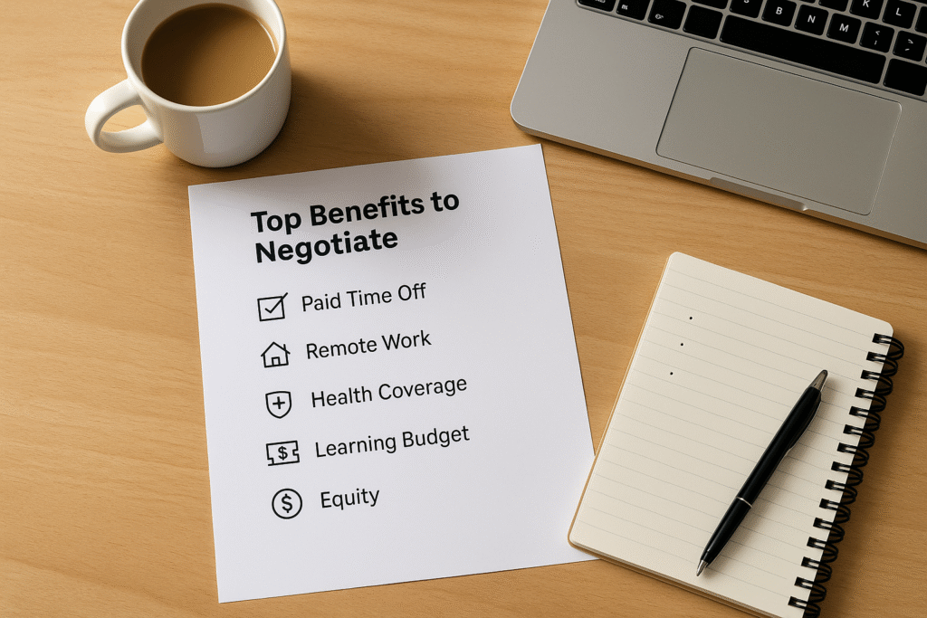 Top-down view of a desk with a checklist titled “Top Benefits to Negotiate,” alongside a coffee mug, laptop, and notepad with pen in soft natural light.