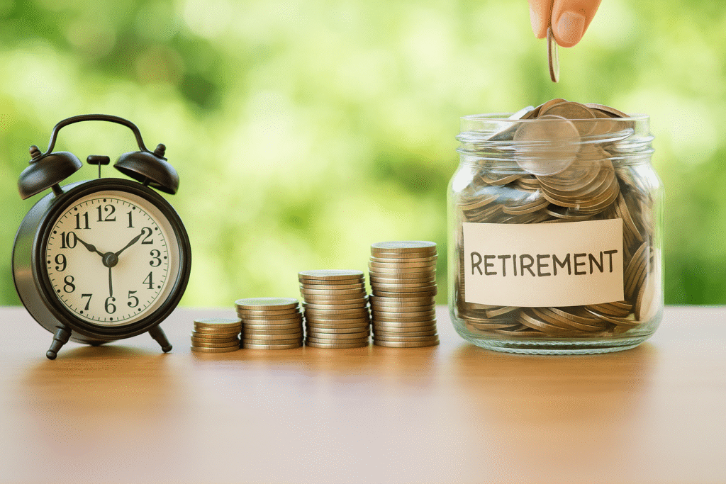 Benefits of Traditional IRA A photorealistic landscape image showing a retirement savings scene: a vintage black alarm clock set to 7:10 sits beside growing stacks of coins, leading to a glass jar labeled “RETIREMENT” filled with coins. A hand is dropping another coin into the jar, all placed on a wooden table with a blurred green outdoor background and soft natural lighting.