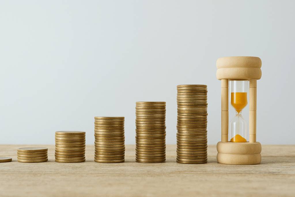 A natural, eye-level photograph showing ascending stacks of gold coins beside a wooden hourglass on a wooden surface, symbolizing financial growth over time.