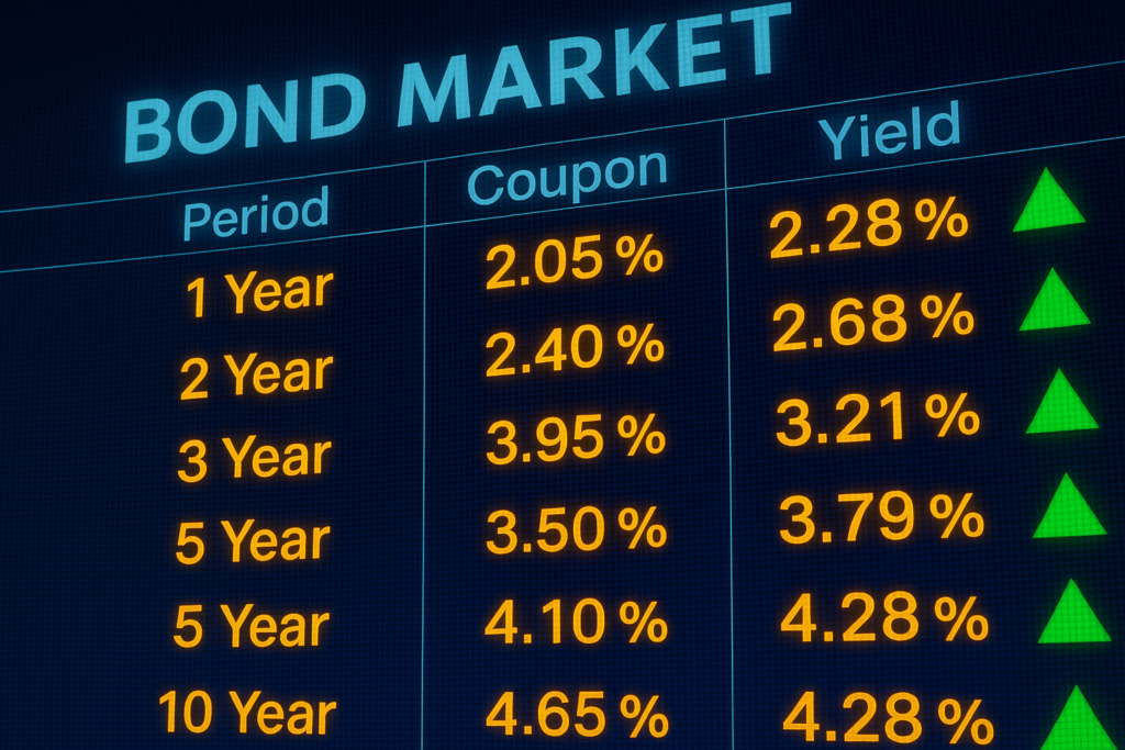 A landscape digital display of bond market data showing coupon and yield percentages for various maturities, highlighted in orange with green upward arrows, on a dark blue background.