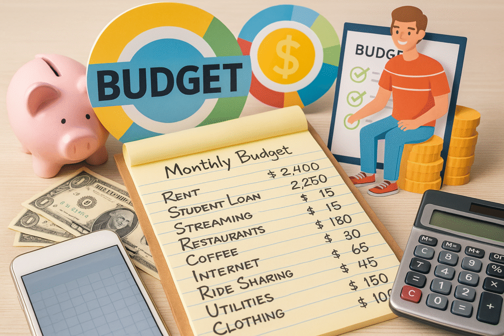 Budget planner with notes, piggy bank, calculator, and colorful visuals for financial management on a clean, wooden desk.