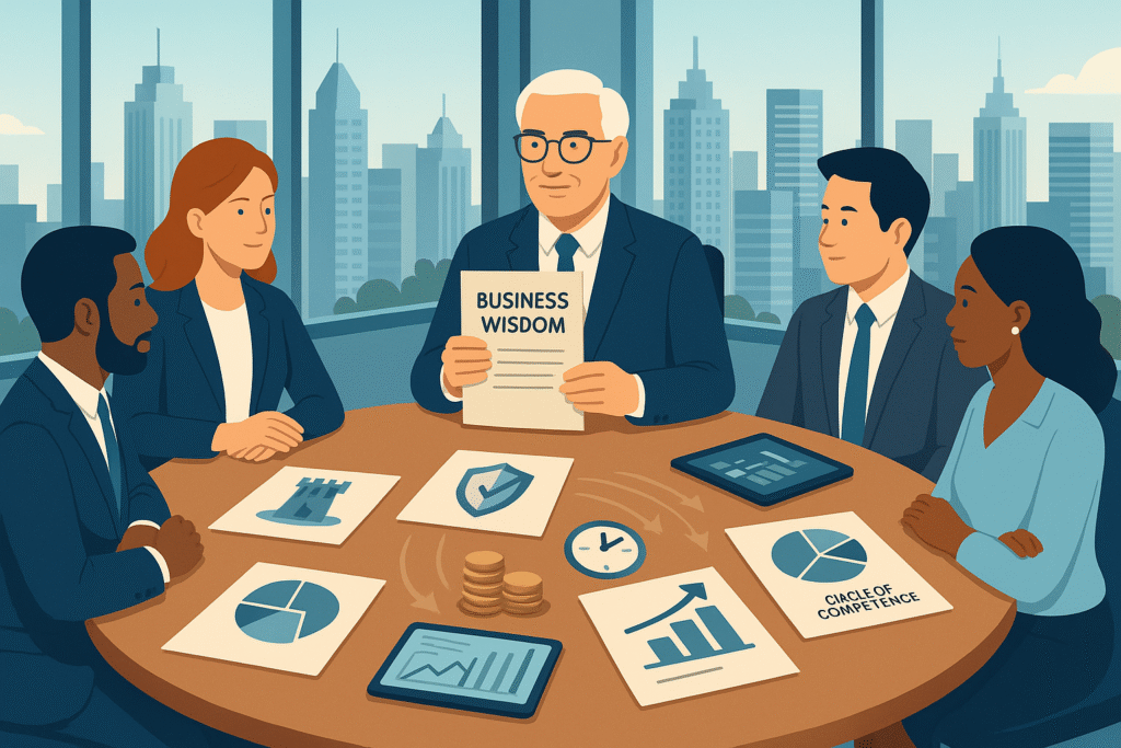 Diverse business team at a round table in a city office, led by a mentor with “Business Wisdom,” surrounded by Buffett principle icons and digital devices.