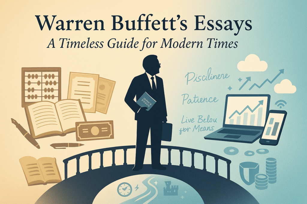 Silhouette of investor on a bridge connecting vintage finance tools and modern digital devices, symbolizing Buffett’s essays as a timeless guide for modern times.