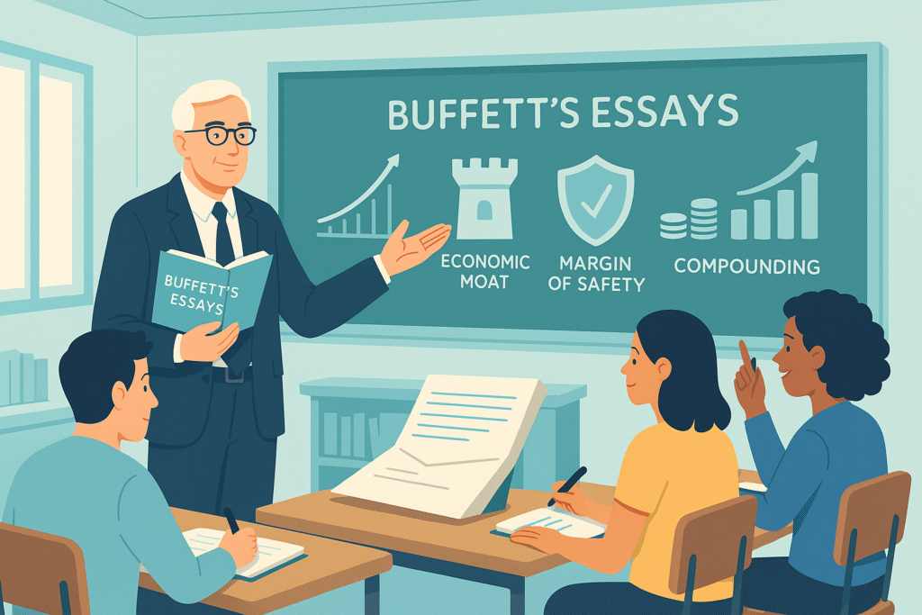 Financial mentor teaches adults in a classroom, highlighting economic moat, margin of safety, and compounding on the chalkboard under "Buffett’s Essays."