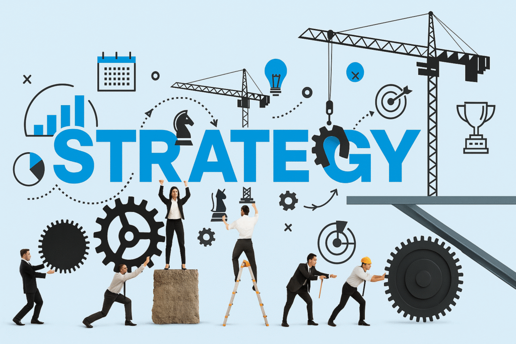 Professionals build strategy using gears and cranes under a light blue background, surrounded by business icons like charts, trophies, and lightbulbs.