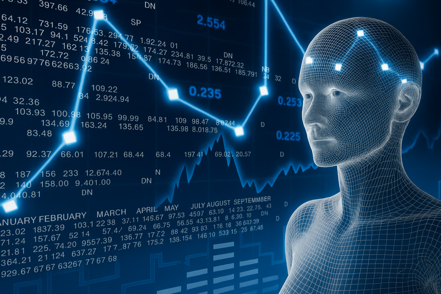 A digital wireframe humanoid figure with a glowing head observes a complex financial chart filled with stock prices, data points, and line graphs in blue tones, symbolizing artificial intelligence processing market analytics.