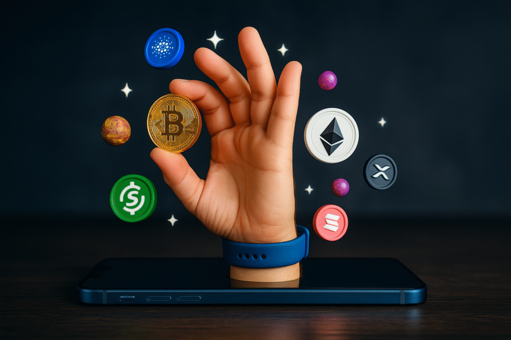 Hand emerging from smartphone holding Bitcoin coin with other crypto tokens floating around.