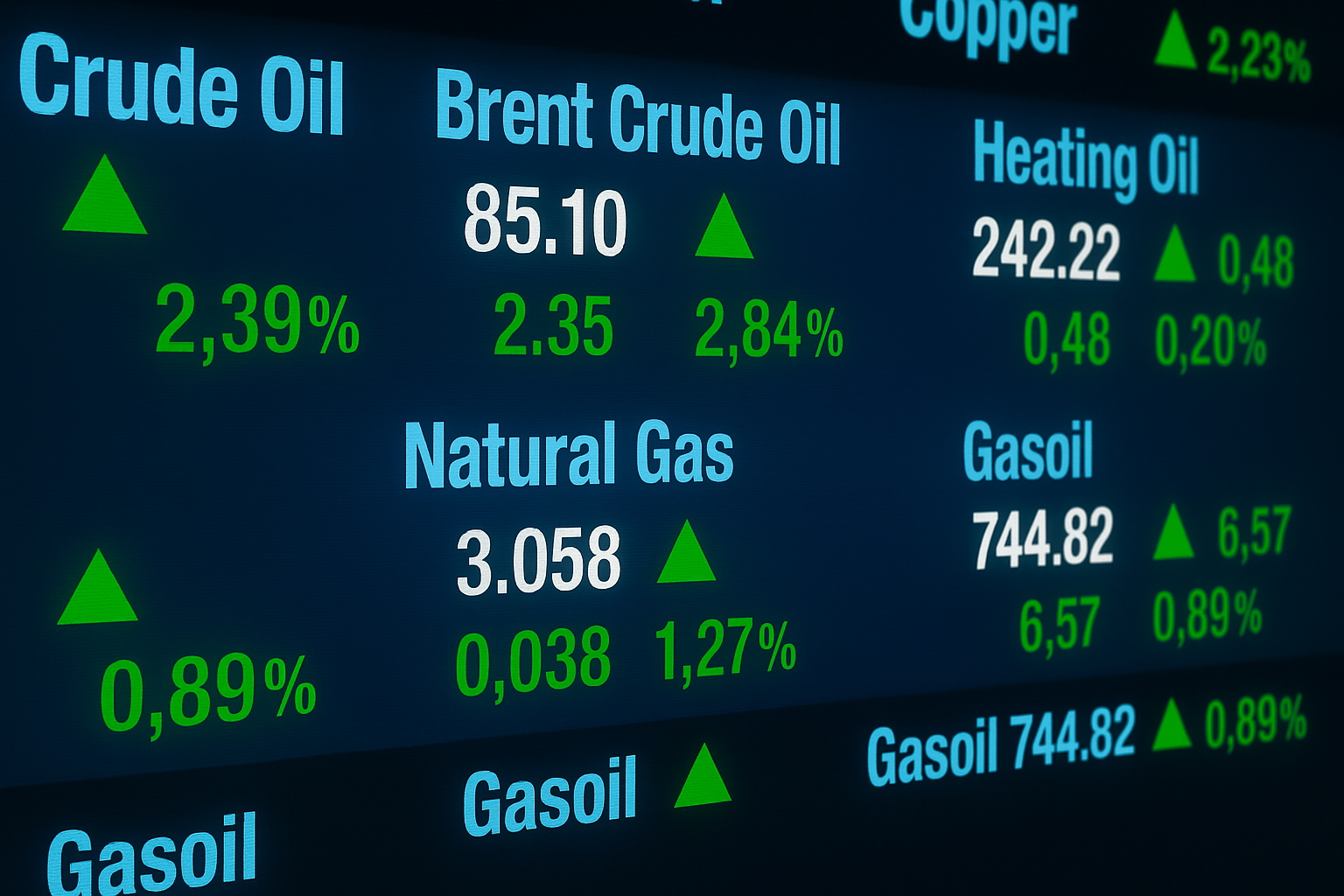 A digital trading board shows rising prices for commodities including Crude Oil, Brent Crude Oil, Natural Gas, Heating Oil, and Gasoil, with green arrows and percentages indicating upward trends.