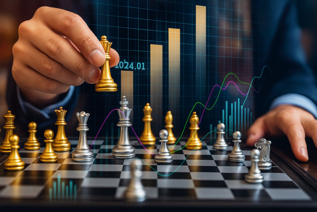 Commodity Strategy A close-up image of a hand moving a golden king chess piece on a board, with silver and gold pieces in play, overlaid by financial bar and line charts, symbolizing strategy in market investing