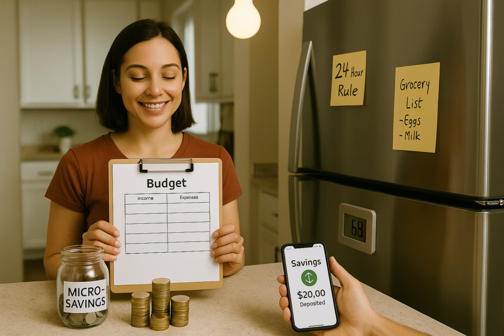 A smiling woman stands in a warm, modern kitchen holding a clipboard with a blank budget sheet. On the counter in front of her are stacks of coins, a glass jar labeled "Micro-Savings," and a smartphone displaying a $20 deposit notification. In the background, sticky notes on a stainless-steel refrigerator read "24-Hour Rule" and a grocery list. The setting is softly lit, conveying a calm and organized approach to personal finance.