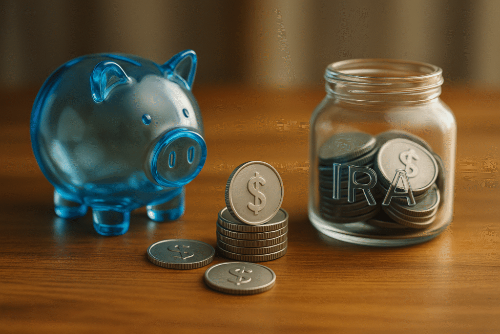 Contributing to IRA A photorealistic image of a translucent blue piggy bank and a clear glass jar labeled