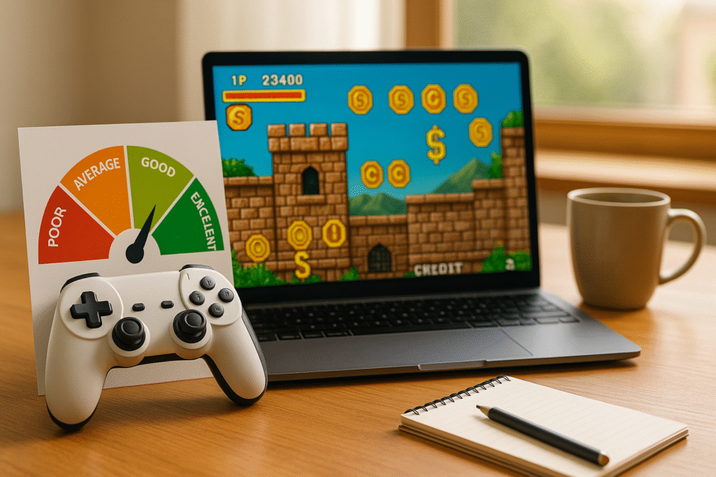 Game controller, credit score chart, retro video game, coffee mug, and notebook on a sunny desk, symbolizing financial strategy through gaming metaphor.