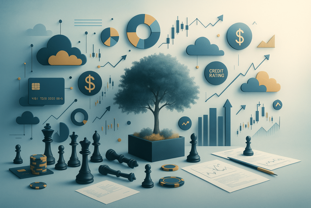A bonsai tree surrounded by chess pieces, credit cards, charts, and icons in a surreal blue-gold financial landscape symbolizing strategy, growth, and investment.