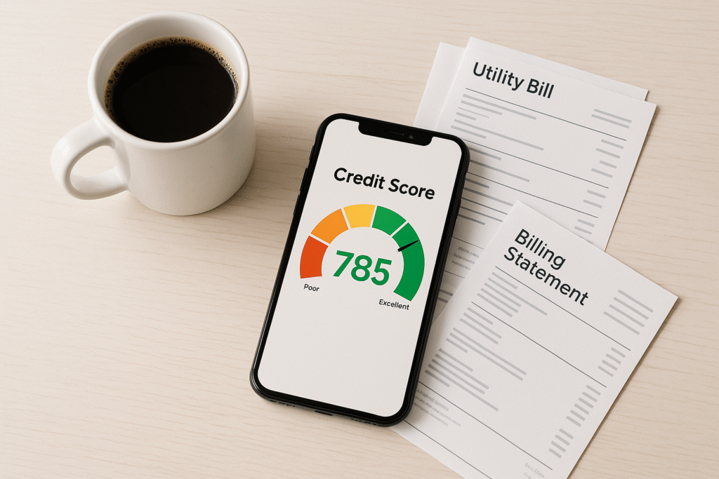 Smartphone displaying a credit score of 785 sits on top of utility and billing statements beside a white coffee mug on a light wooden table.