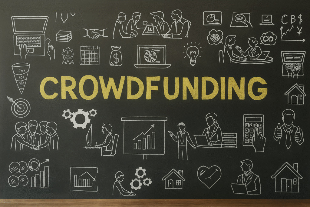 Chalkboard with “Crowdfunding” in yellow, surrounded by white hand-drawn business and finance icons, photographed in realistic lighting.