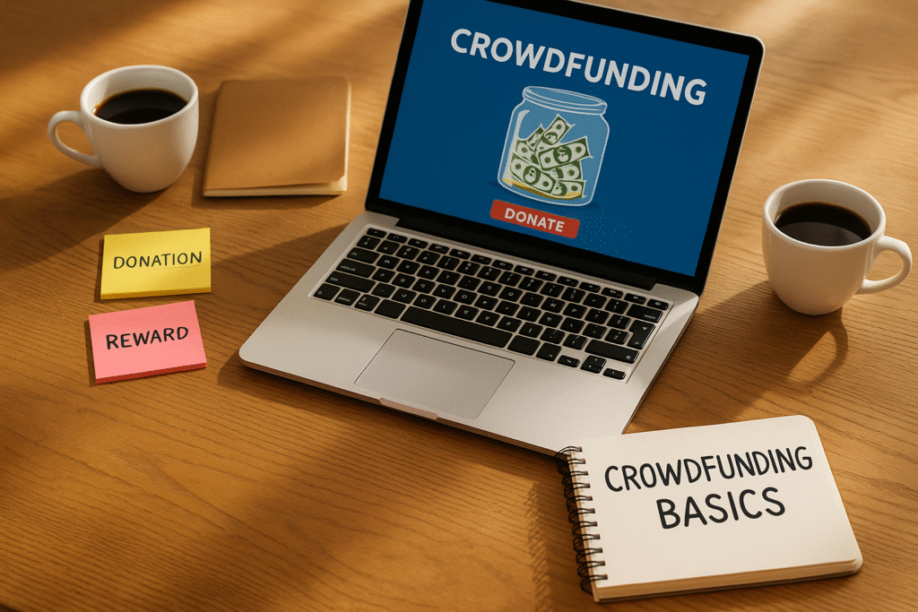 Laptop displaying crowdfunding page with coffee cups, sticky notes, and a notebook labeled “Crowdfunding Basics” on a wooden desk in natural lighting.
