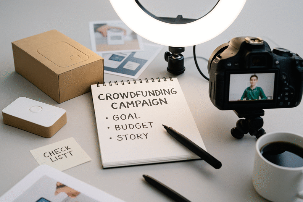Campaign prep setup with product prototype, checklist, camera, ring light, and coffee on gray surface, ready to film a successful crowdfunding pitch.