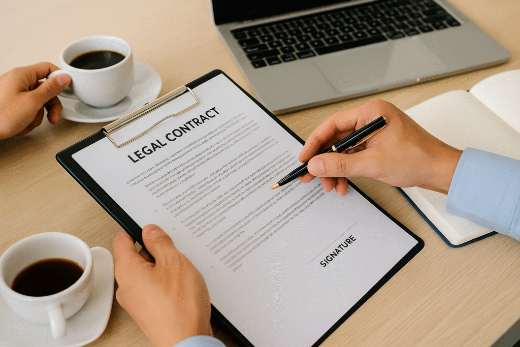 Two people reviewing a legal contract at a table with coffee, laptop, and notebook in soft daylight, discussing legal considerations for crowdfunding.