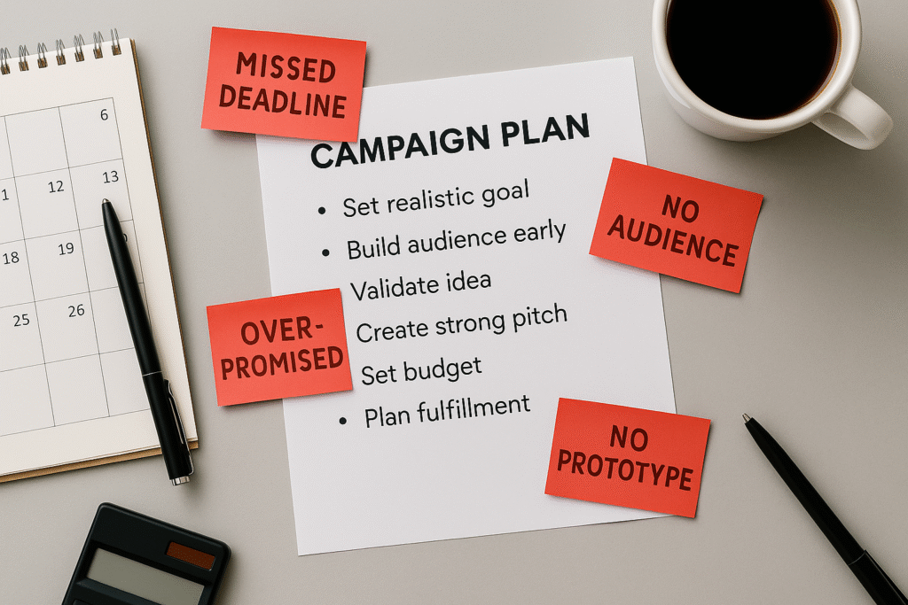 Campaign plan checklist with red sticky notes labeled “Missed Deadline,” “No Audience,” “Over-Promised,” and “No Prototype” on a gray desk with coffee.