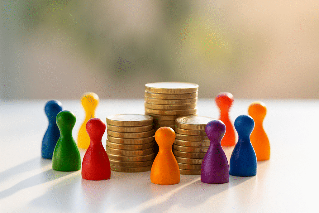 Colorful game pieces circle stacks of gold coins on a smooth white surface, with soft natural lighting and a blurred neutral background.