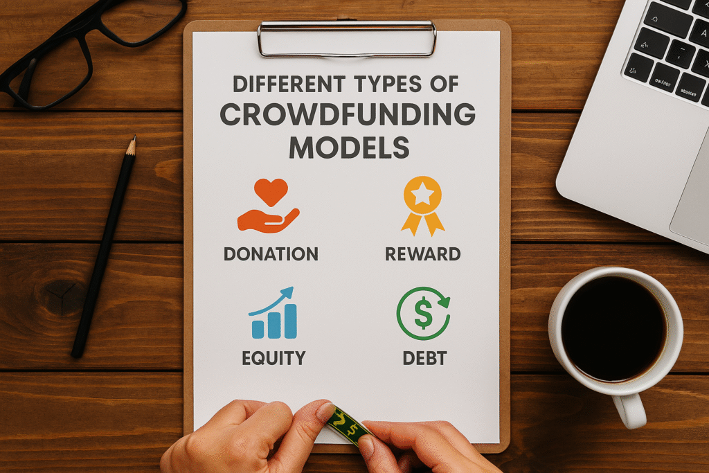 Clipboard on wooden desk showing donation, reward, equity, and debt crowdfunding types with matching icons, coffee cup and laptop in soft natural lighting.
