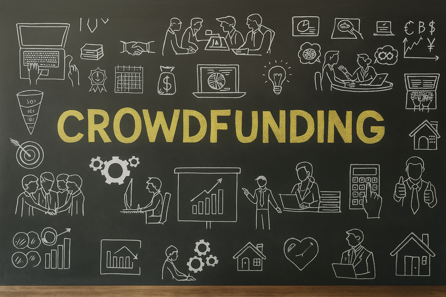 Chalkboard with “Crowdfunding” in yellow, surrounded by white hand-drawn business and finance icons, photographed in realistic lighting.