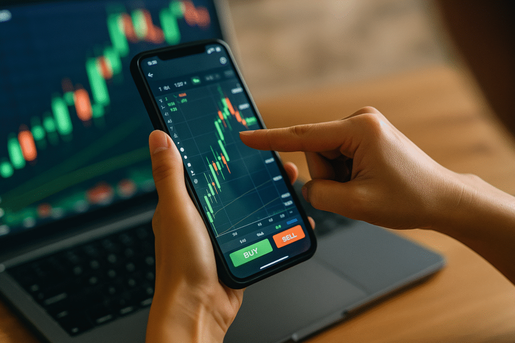 Hands using smartphone to trade cryptocurrency with chart data visible on both phone and laptop screens in natural indoor lighting.