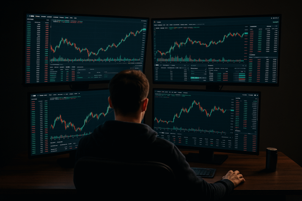 Trader using four monitors showing crypto charts and data in a dark-lit room.