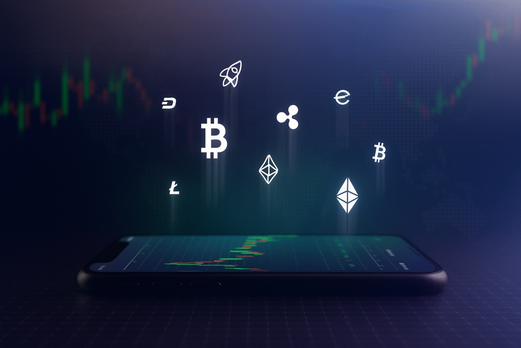 Cryptocurrency icons float above a smartphone displaying trading charts on a dark grid background with green and red candlestick data.