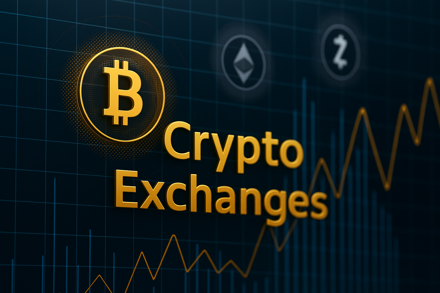Golden "Crypto Exchanges" text over a dark financial chart background with Bitcoin and Ethereum logos and rising graph lines.