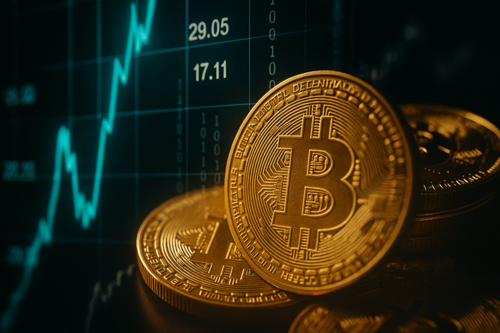 Close-up of Bitcoin coins in front of a glowing financial chart with rising data lines and digital code elements.