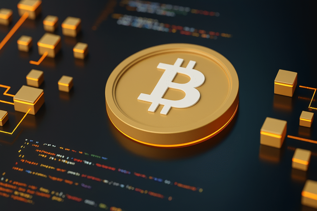 A 3D golden Bitcoin coin surrounded by digital cubes and code, representing cryptocurrency and blockchain technology in a modern, high-tech setting.