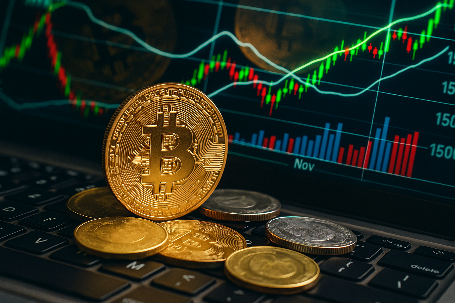 Bitcoin coins on laptop keyboard with trading chart overlay in background.
