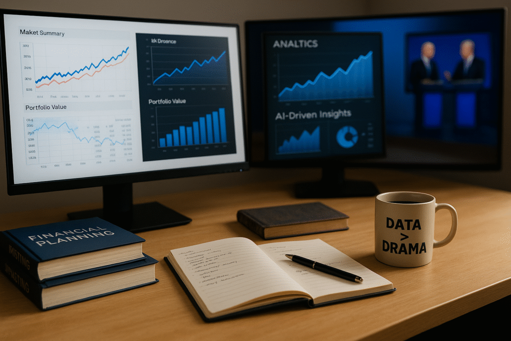  A modern desk setup with dual monitors displaying financial dashboards, stock charts, and AI-driven insights. A notepad, financial books, and a coffee mug labeled “DATA > DRAMA” sit in the foreground. In the background, a blurred TV screen shows a political debate, symbolizing the contrast between data-focused investing and political noise. 