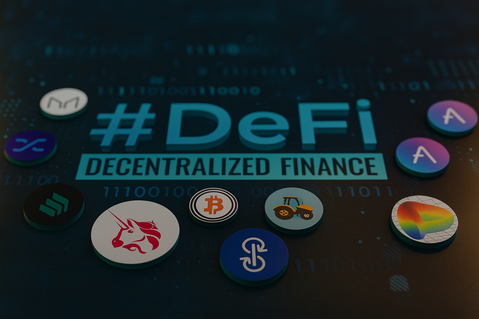 Photorealistic image of a tabletop digital display showing the phrase "#DeFi Decentralized Finance" in bold blue text, surrounded by various decentralized finance (DeFi) and cryptocurrency logos, including Uniswap, Bitcoin, Aave, and MakerDAO, all placed on a high-tech binary-coded background.