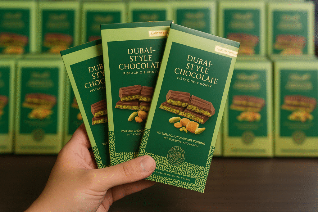 A hand holds three bars of Dubai-style chocolate with pistachio and honey in green and gold packaging, positioned in front of a neatly arranged background of matching chocolate bars. The image is brightly lit with natural, photorealistic lighting and captured at eye level for a clean, blog-ready presentation.
