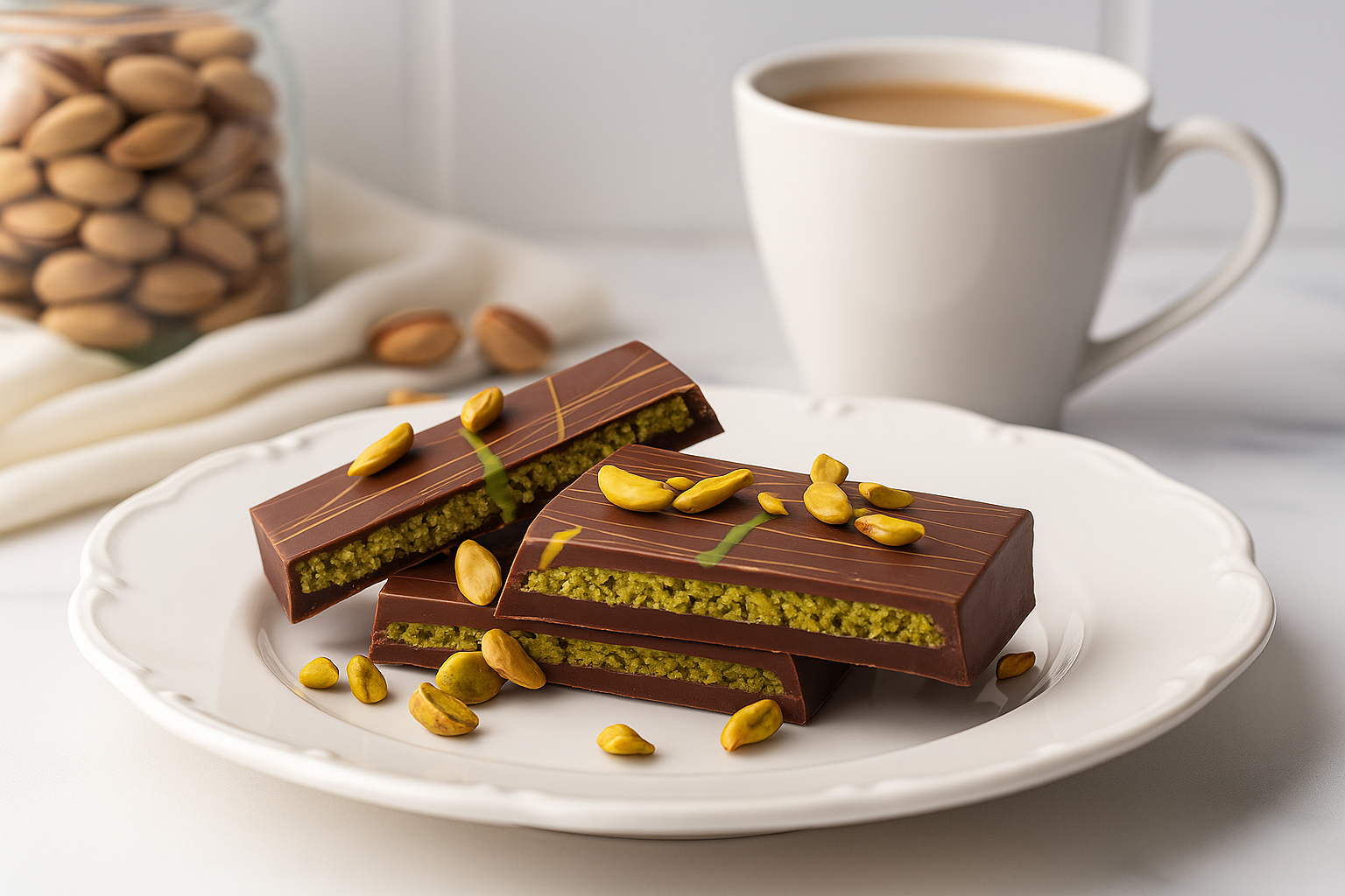 A plate of three pistachio-filled chocolate bars topped with chopped pistachios, set beside a white mug of coffee and a jar of pistachios in the background, photographed in warm natural lighting at eye level.