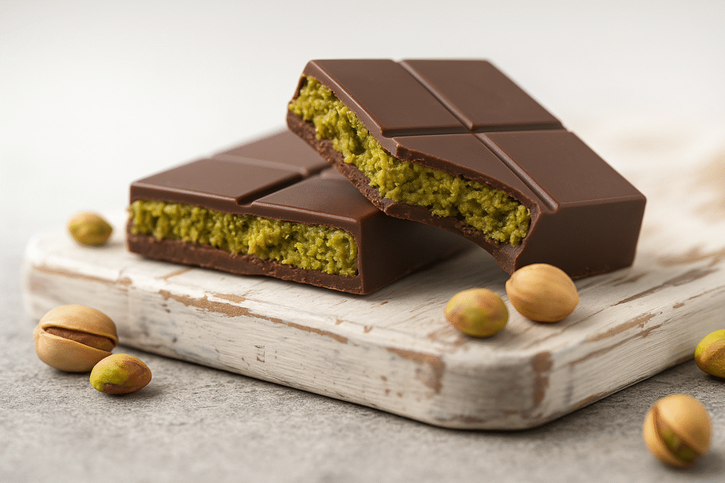 Two dark chocolate bars filled with vibrant pistachio cream rest on a rustic white wooden board, surrounded by scattered pistachios, captured in natural eye-level lighting.