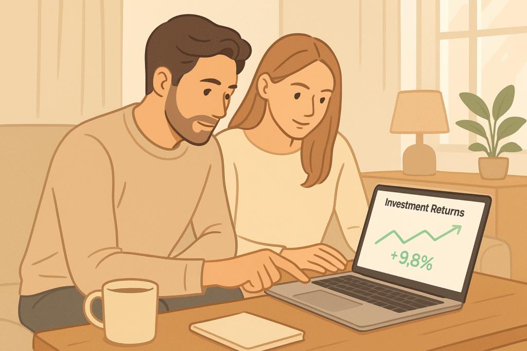 Couple reviewing portfolio returns at home.