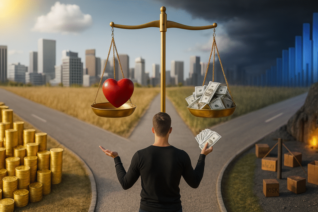  A man stands at a fork in the road, holding money in one hand while looking at a large balance scale—one side holds a red heart and the other, a pile of cash. The left path leads to a sunny cityscape with gold coins, and the right path leads to a dark, stormy area marked with "RISK" and financial graphs.