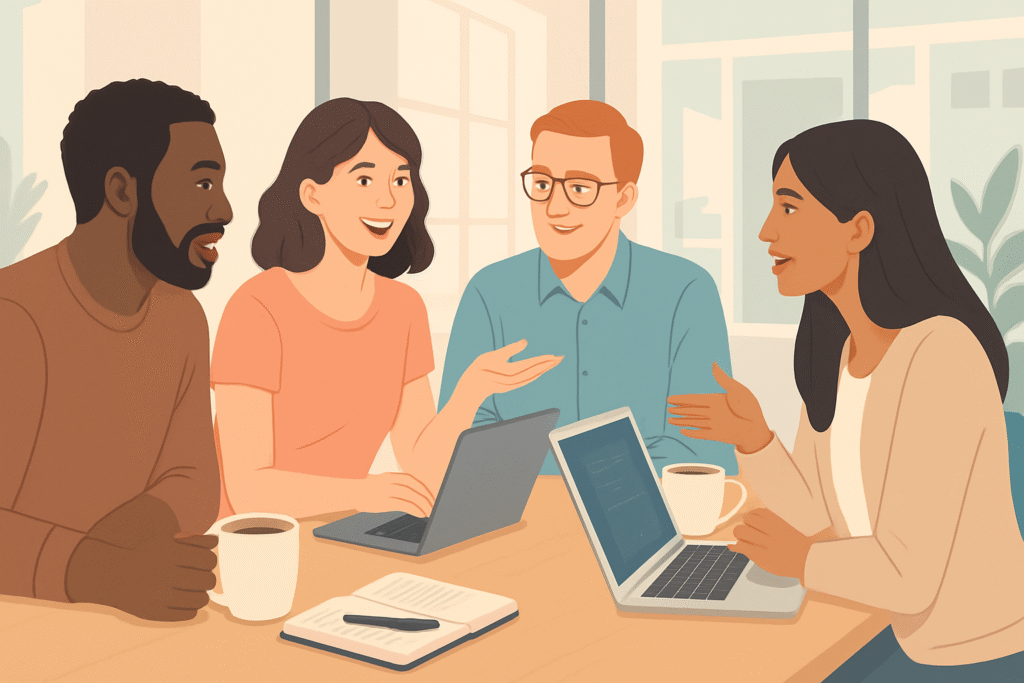 Diverse group discussing finances around a table with laptops and coffee in a bright, modern office with a relaxed, collaborative atmosphere.