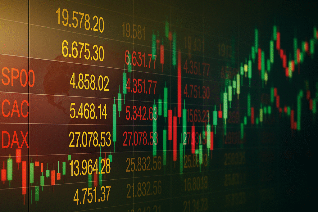 A photorealistic financial market display showing global indices like SP500, CAC, and DAX alongside colorful candlestick charts, with a world map subtly overlaid in the background under natural lighting.