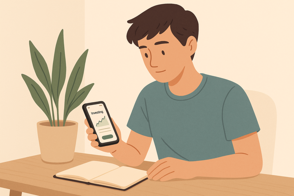 Person using investing app in a calm workspace.