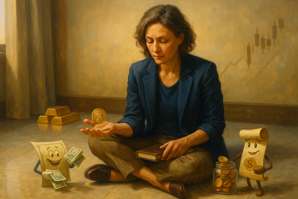 Woman on marble floor holding gold coin, surrounded by animated stock and bond figures, in a warm financial gallery with symbolic lighting and soft background.