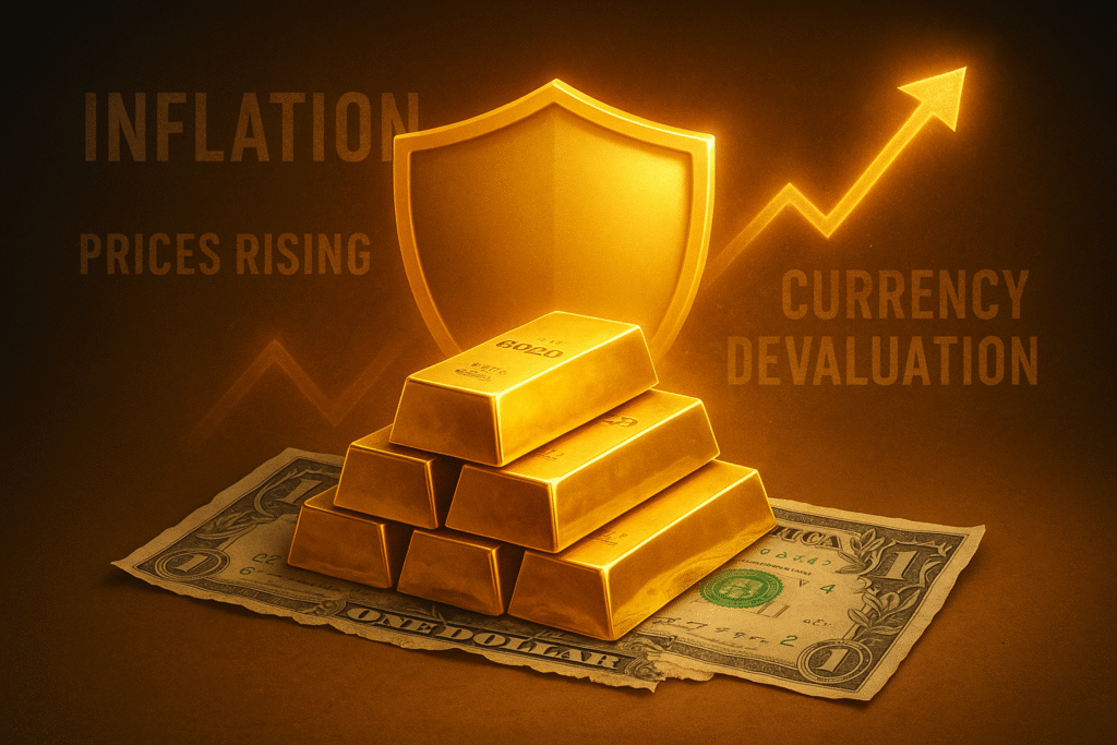 Gold bars on a crumbling dollar bill with shield and inflation terms in background, symbolizing gold as protection against inflation.