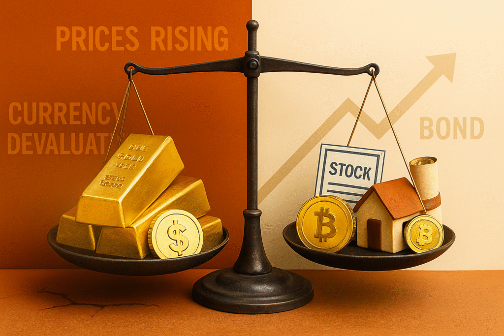 Photorealistic scale with gold bars on one side and stocks, crypto, real estate, and bonds on the other, showing investment comparison.