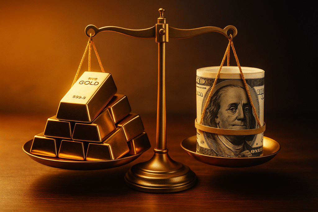 Gold bars and a roll of U.S. dollars balanced on a brass scale under warm lighting, symbolizing value comparison between gold and currency.