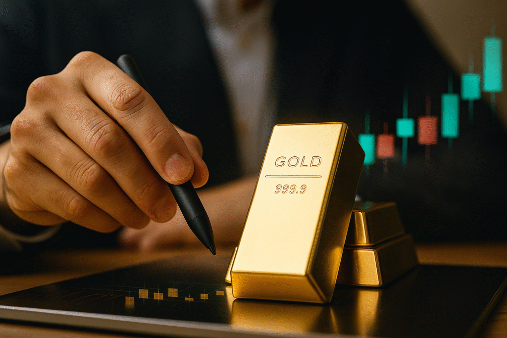 Stylus interacts with gold bar and digital chart on tablet, symbolizing gold trading and investment in a natural, photorealistic financial environment.
