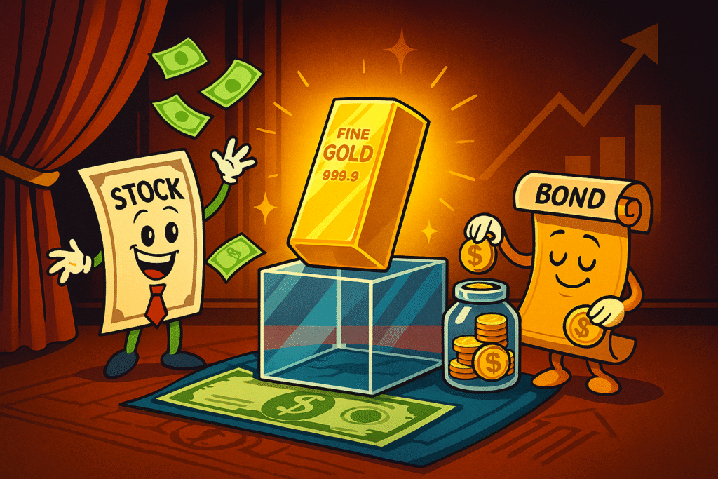 Gold bar on pedestal with smiling stock handing out bills and bond scroll filling a jar, highlighting gold’s beauty versus income-generating assets.